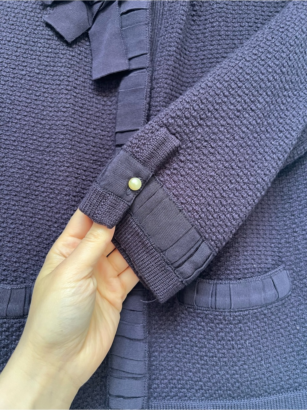 EUC Ann Taylor Plum Knit Cardigan with Neck Bow and pockets size medium - Picture 4 of 9
